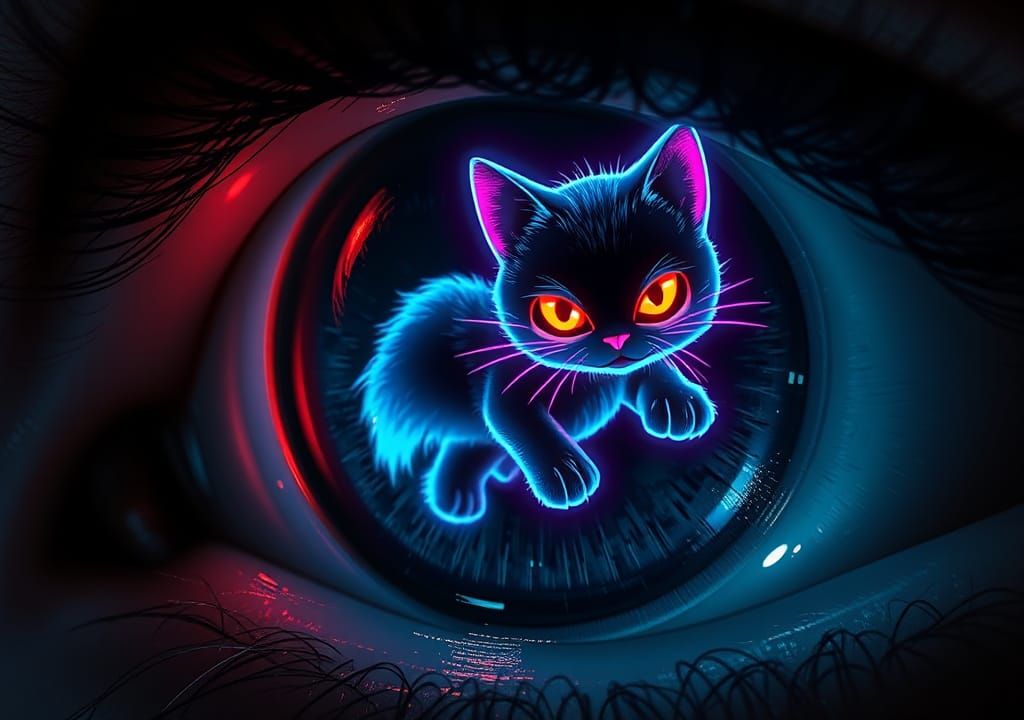 Neon Kitty Cat Dancing in an Eyeball