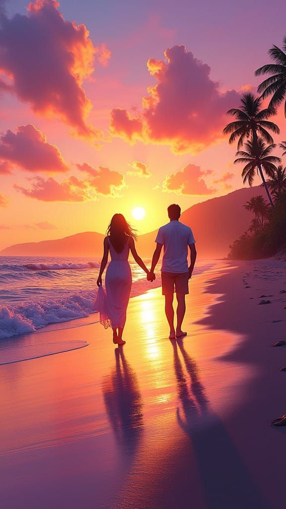 Couple Strolling Hand in Hand Against a Vibrant Beach Sunset