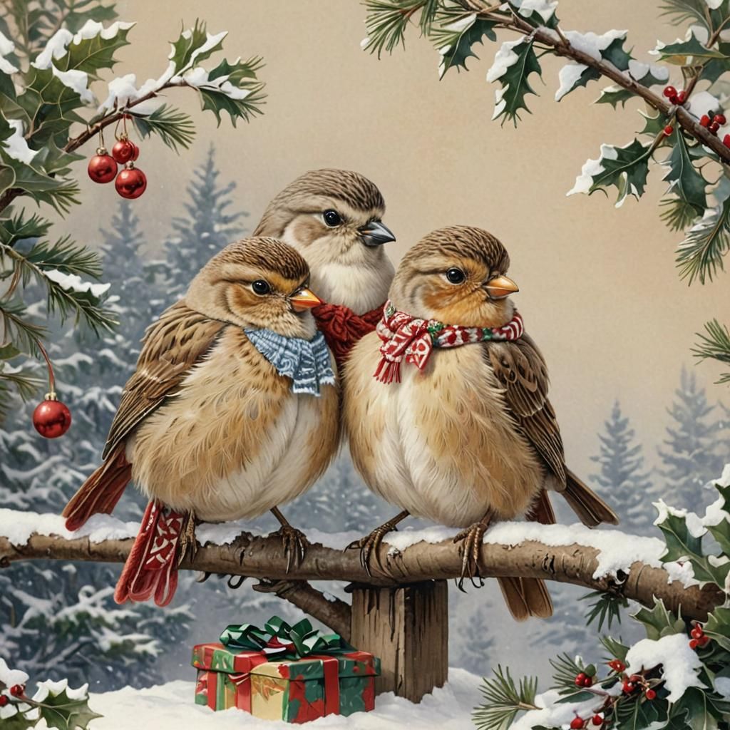 Fluffy Birds in Christmas Sweaters: Art Nouveau Scene