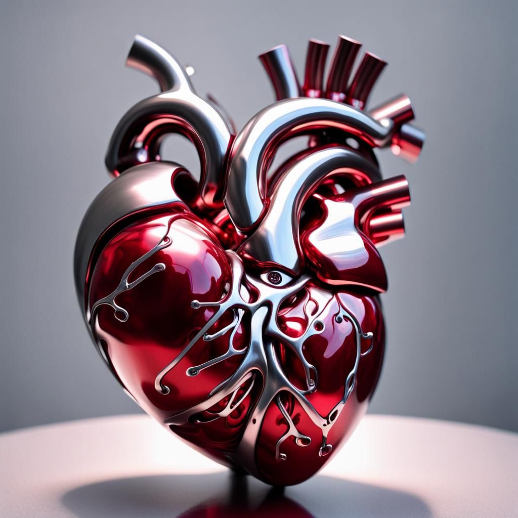 Kinetic Heart Sculpture in Metallic Titanium and Ruby