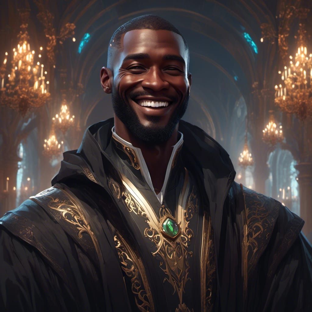 Smiling Man in Dark Robes: Hyperdetailed Portrait