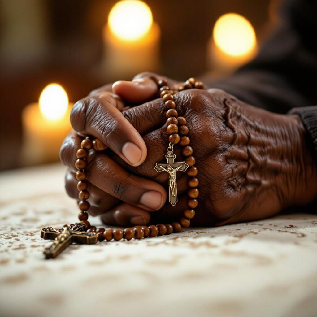 Reverent Hands Clasping Rosary in Candlelight