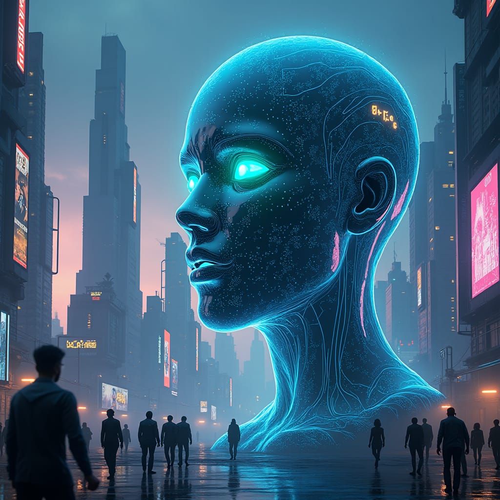 Futuristic Avatar Consuming Data in Cyberpunk Cityscape