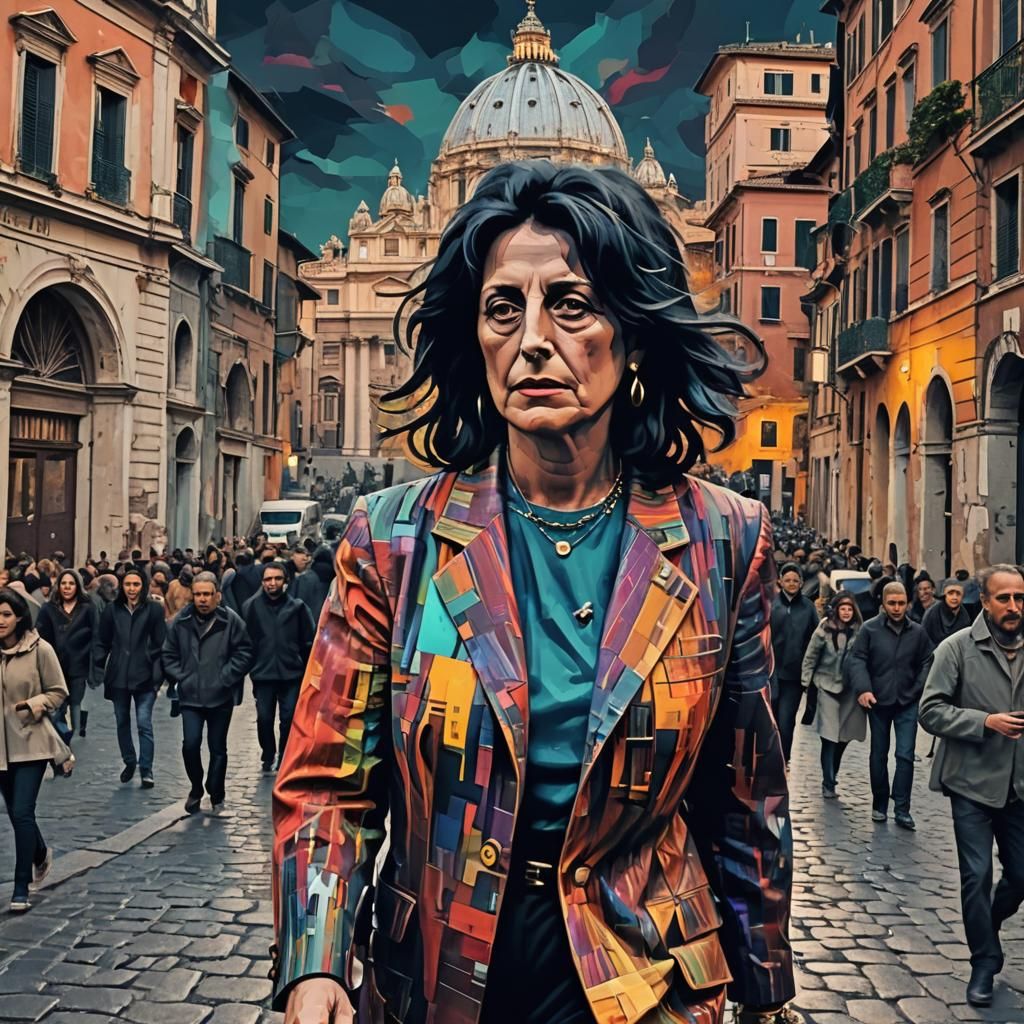 Anna Magnani walking through Rome in the evening.