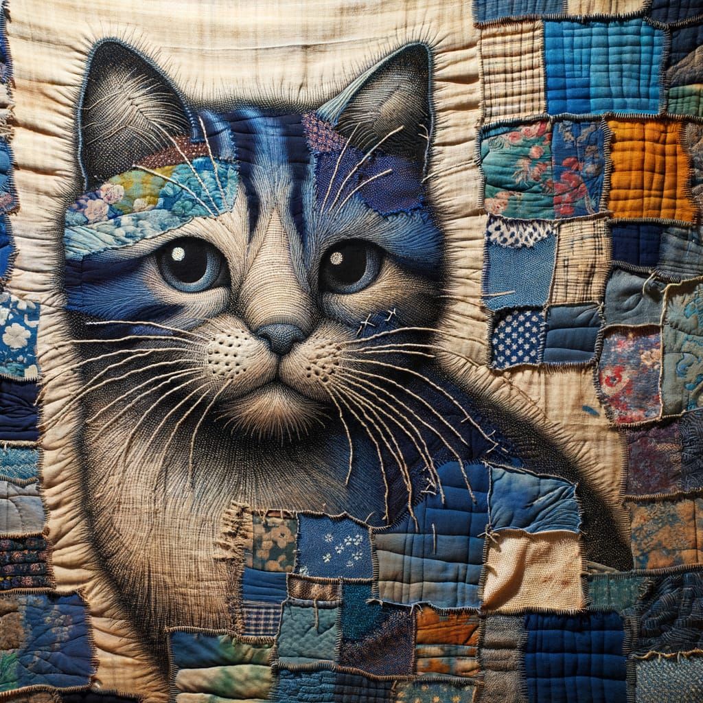 Boro Indigo Tapestry of an Adorable Cat with Sashiko