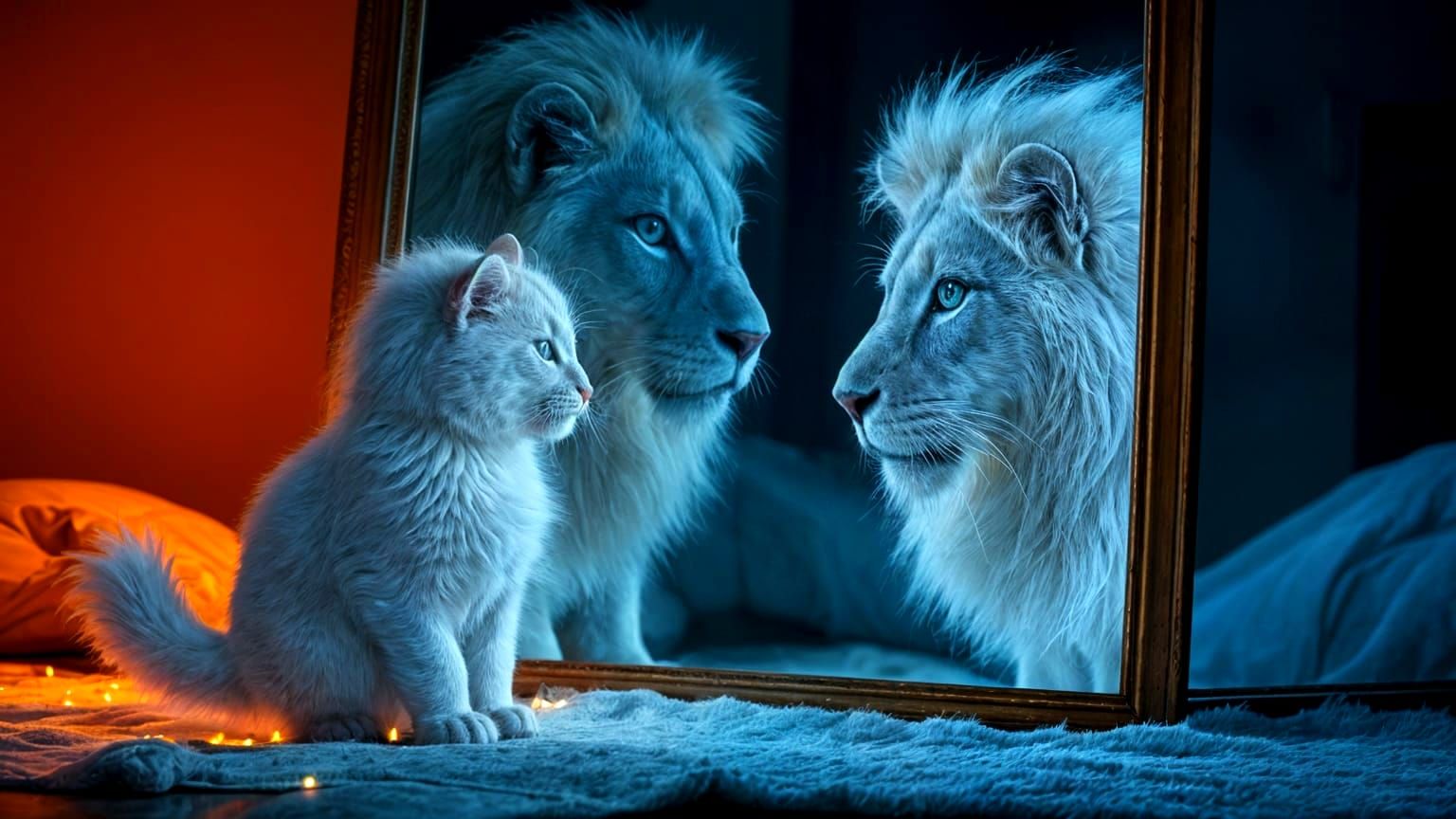Fluffy Cat's Reflection as Majestic Lion
