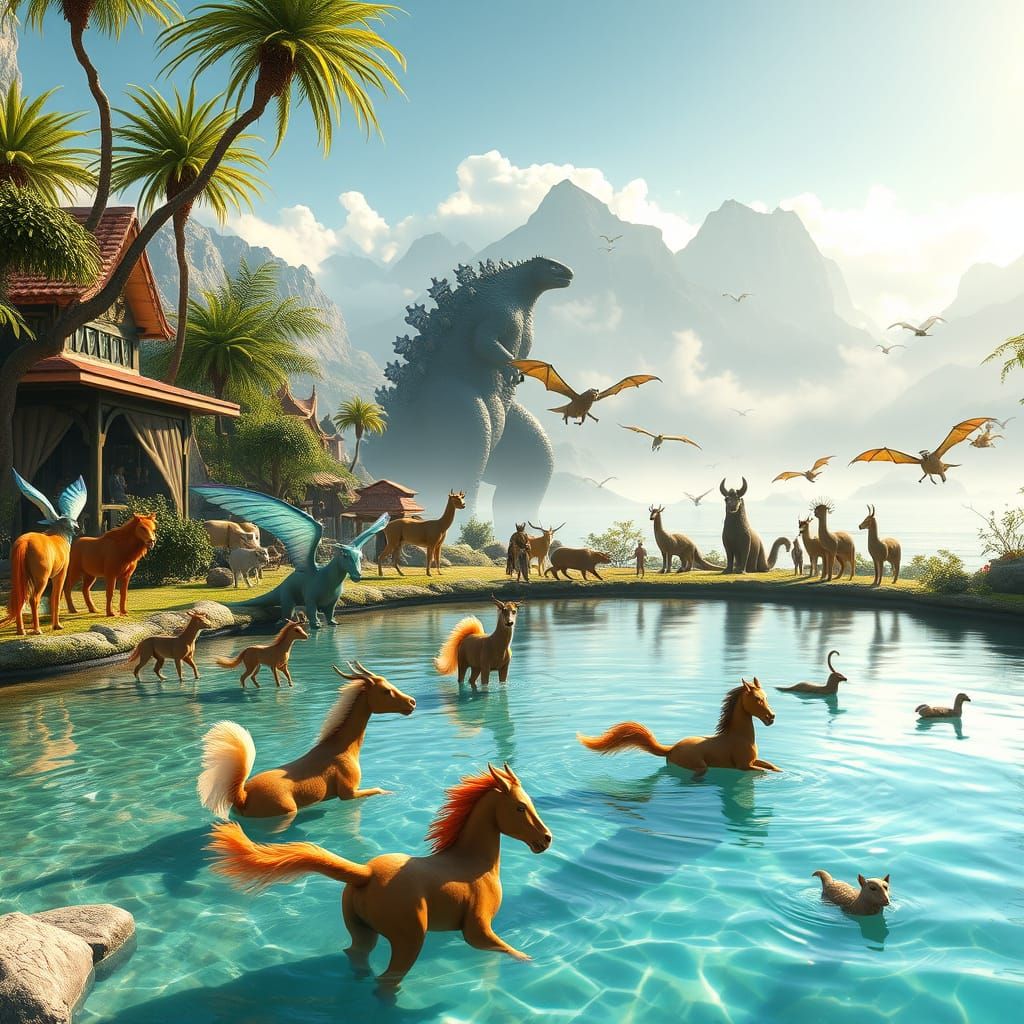 Surreal Oasis Scene with Godzilla Approaching