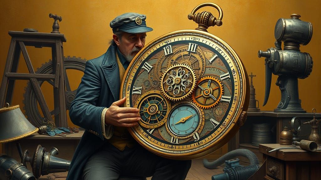 Steampunk Inventor Amidst a Whirl of Gears and Contraptions