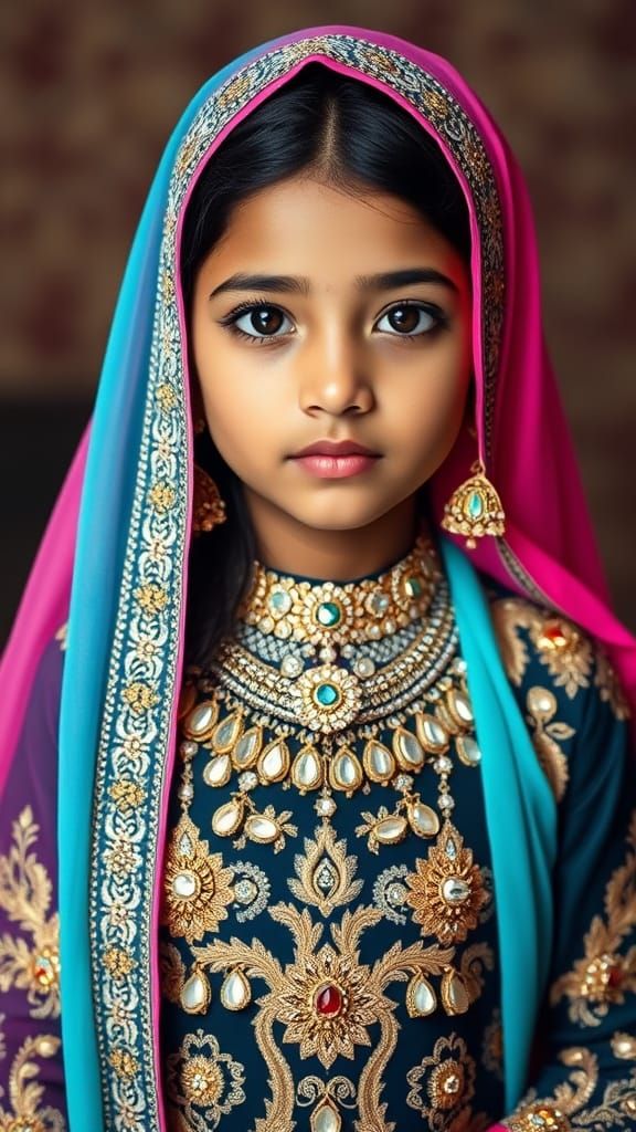 Elegant 8-Year-Old Girl in Vibrant Eid Outfit with Crystal H...