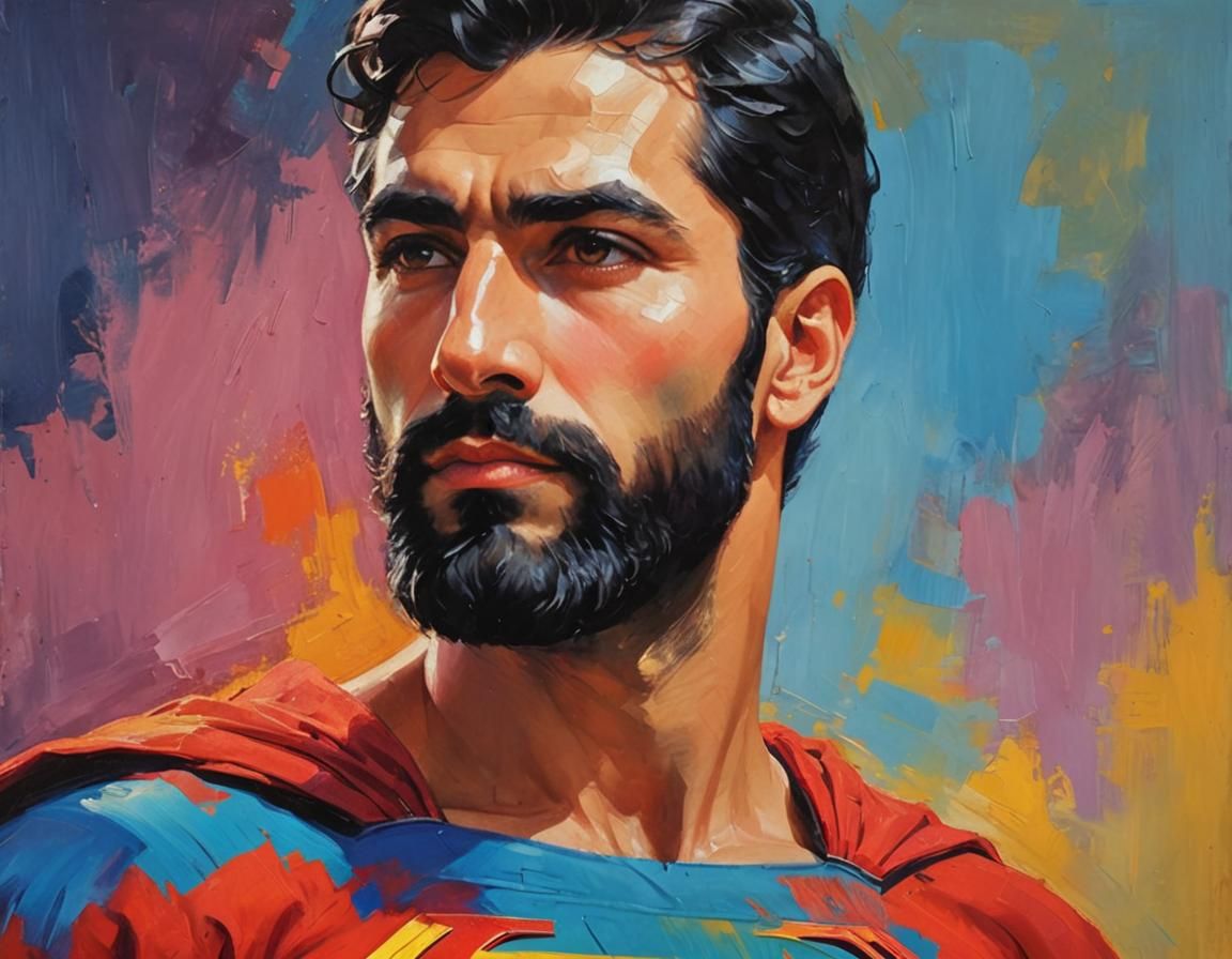 Expressionist Superman with Black Beard in Gouache Style