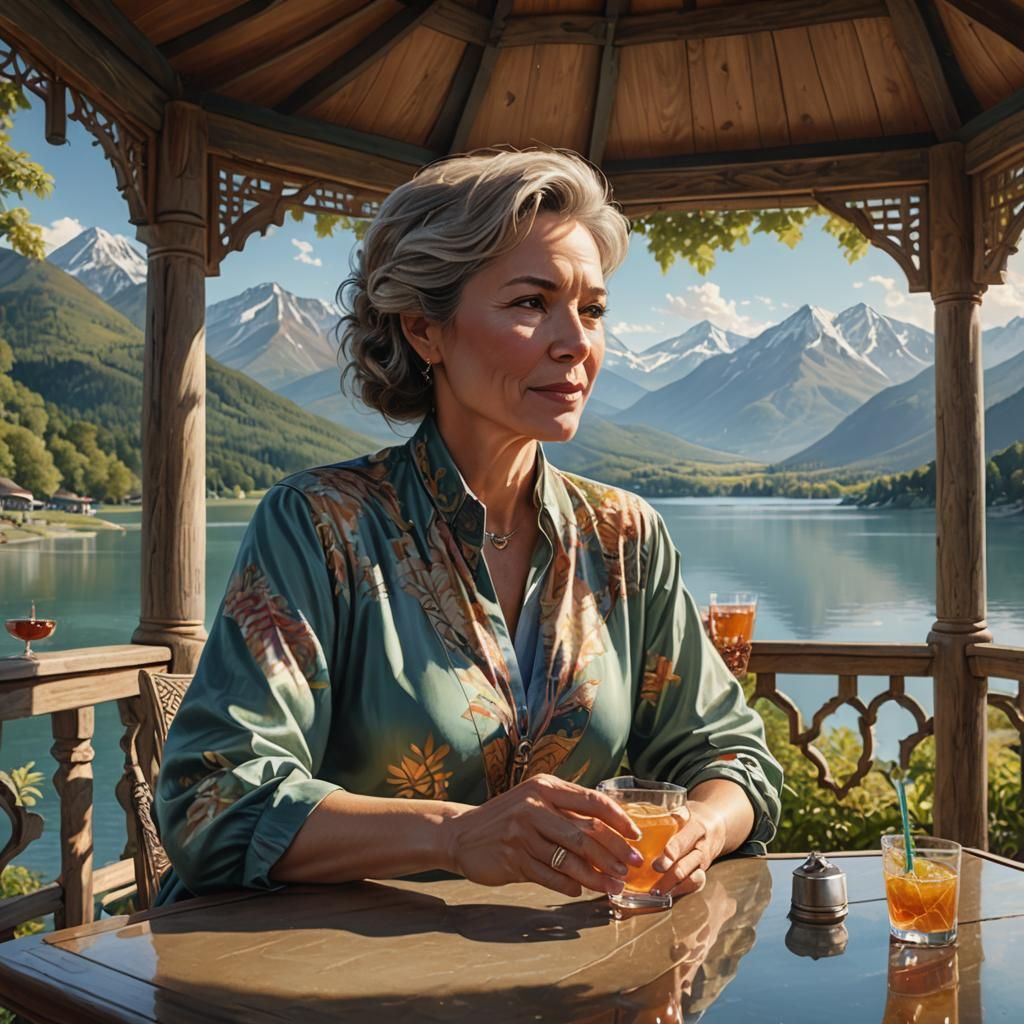 Woman Relaxing in Gazebo: Hyperrealistic Splash Art