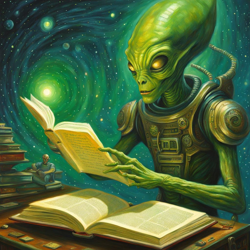 Alien Reading on Spaceship in Surreal Oil Painting Style