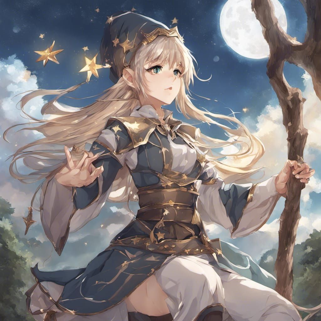Wood Elf Cleric in Anime Style, Moon and Stars