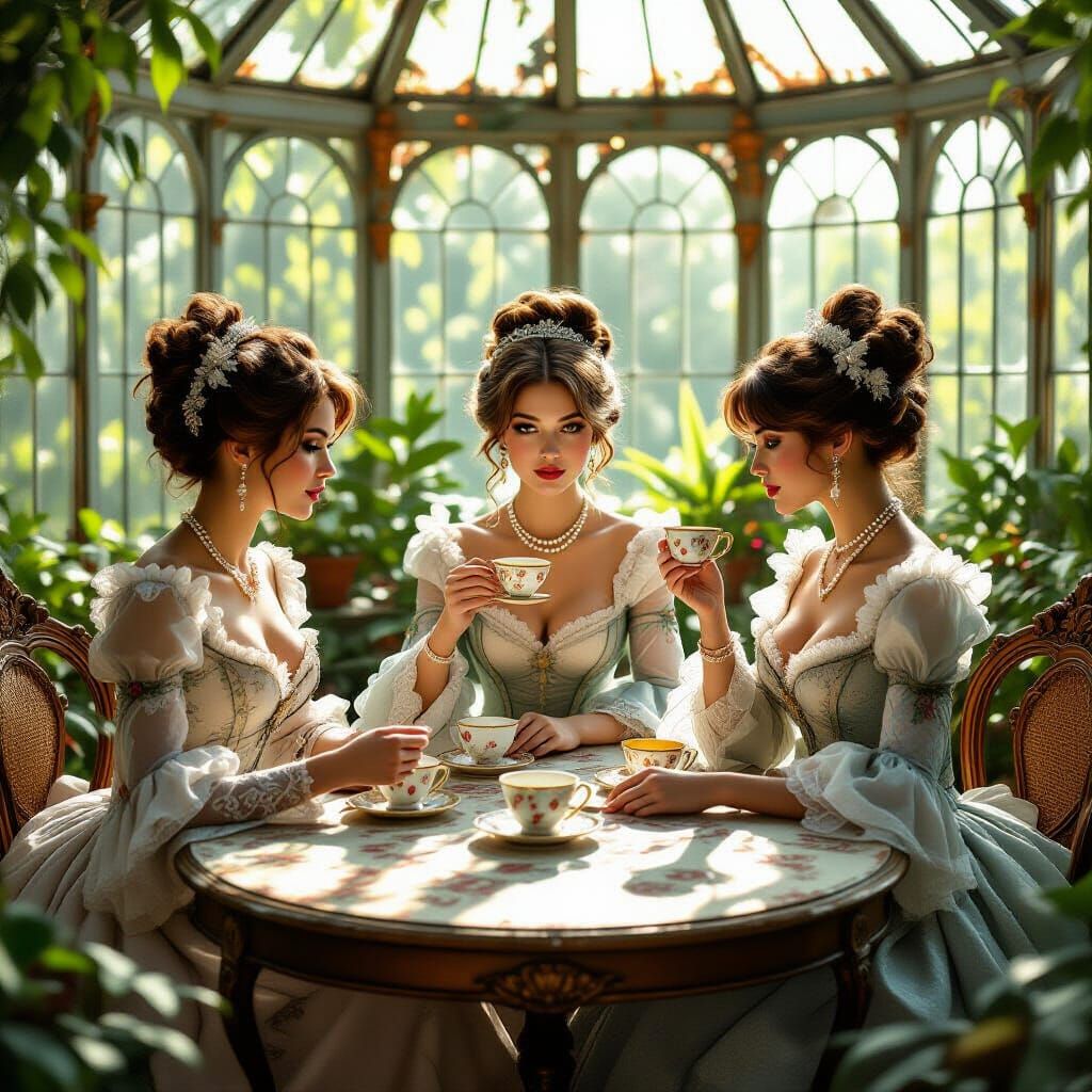 Victorian Women's Tea Party in Overgrown Conservatory