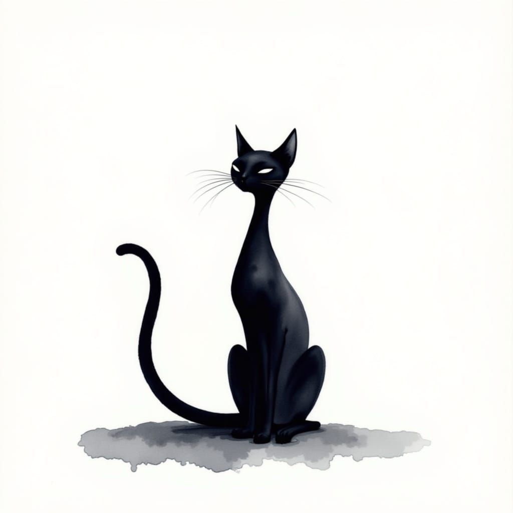 Elegant Watercolor Cat in Hokusai and Zeshin Style