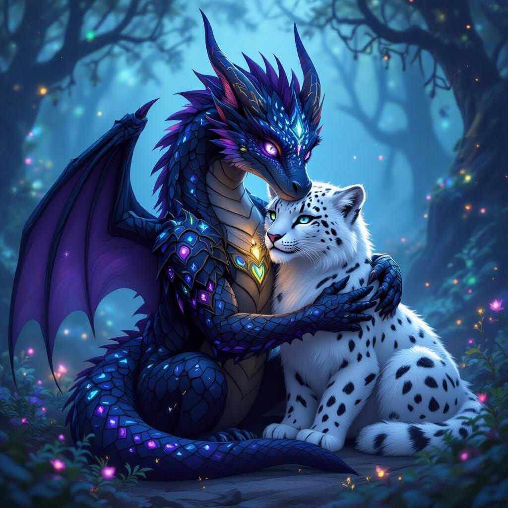 Dragon and Snow Leopard Embrace in Mystical Forest