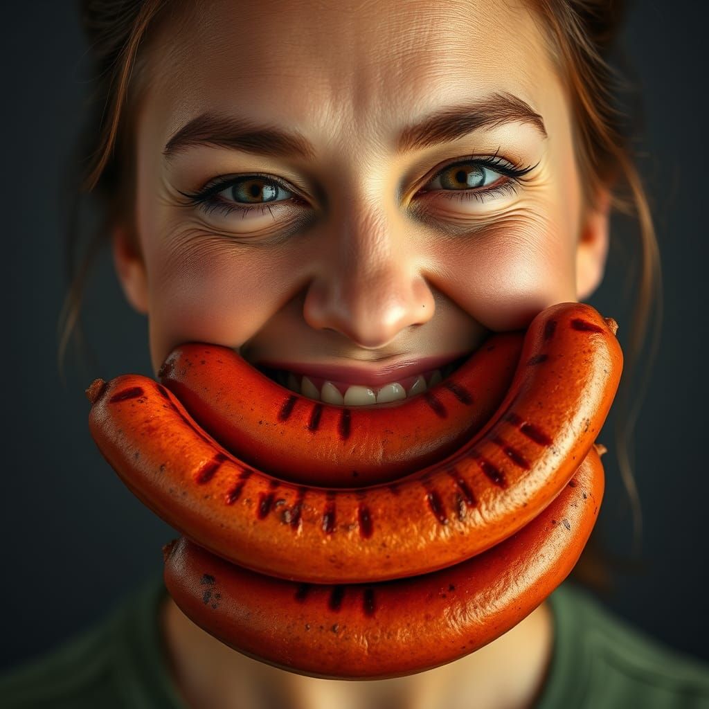 Hyperrealistic Woman with Mouth Full of Frankfurters