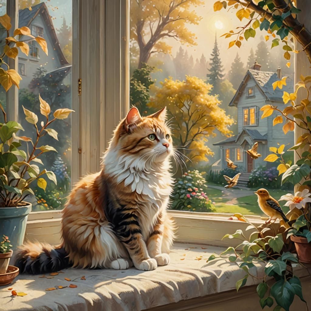 Cute Cat Watching Birds, Ethereal Oil Painting