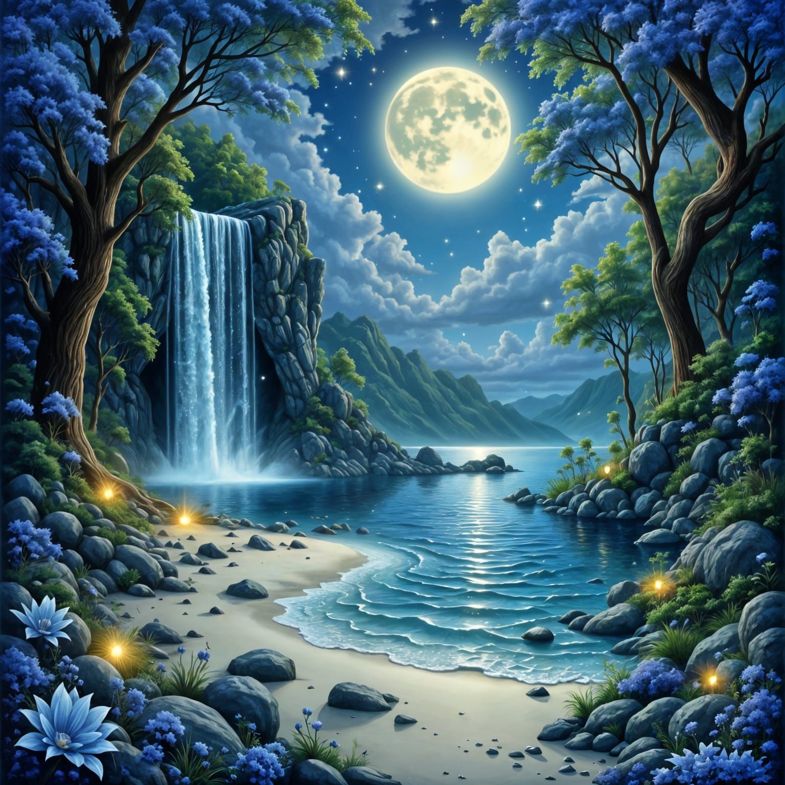 Magical Waterfall Sanctuary in Ethereal Light