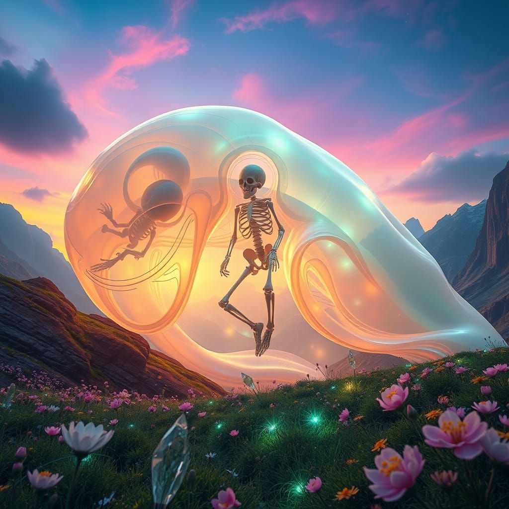 Translucent Slime Creature Traversing Dreamlike Valley