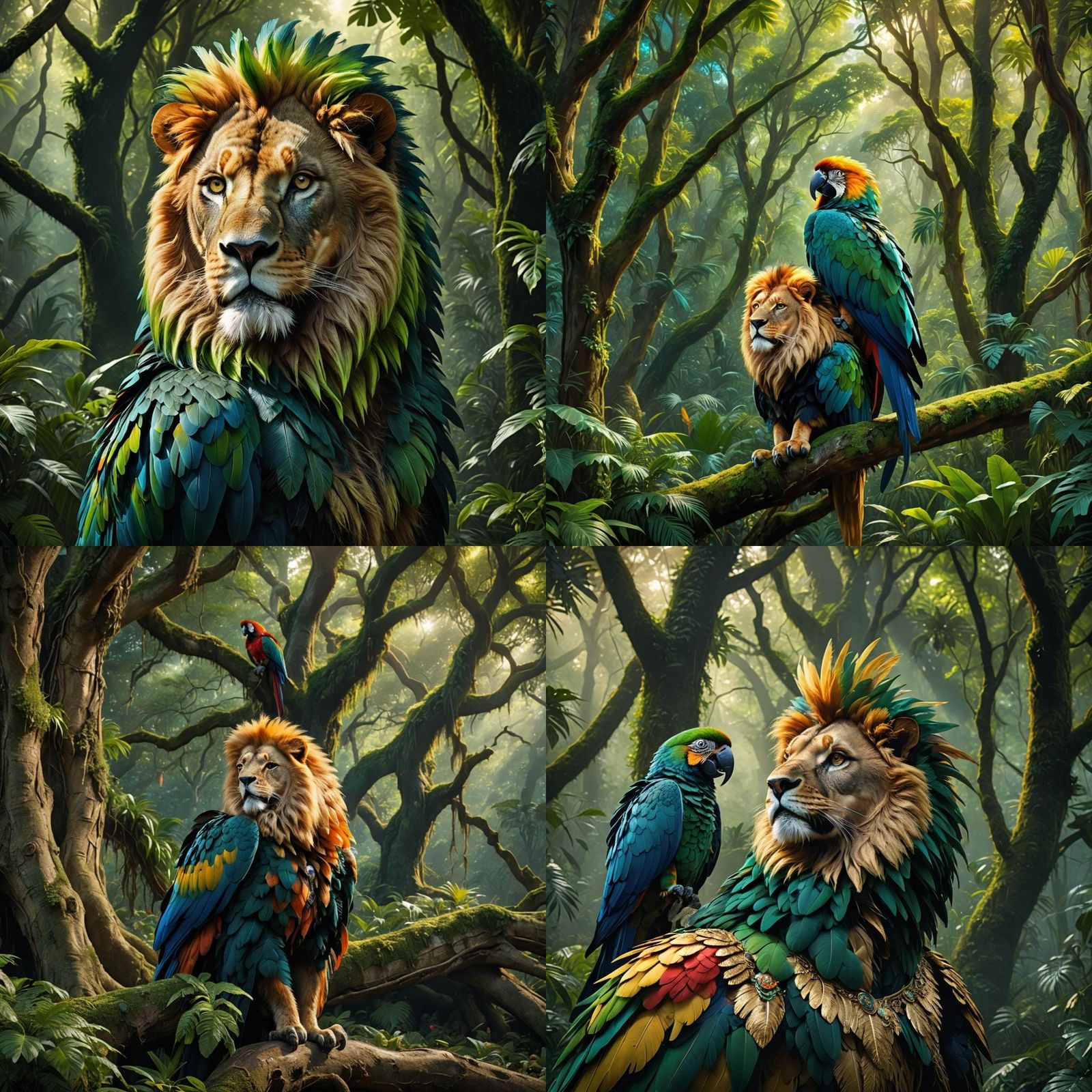 Realistic Macaw Parrot Lion Hybrid in Green Forest