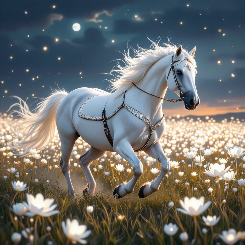 Majestic White Horse Gallops Through Glowing Flowers