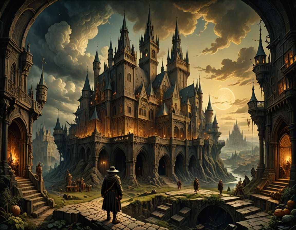 Figure in Surreal City, Gothic Architecture, Watercolour Sty...