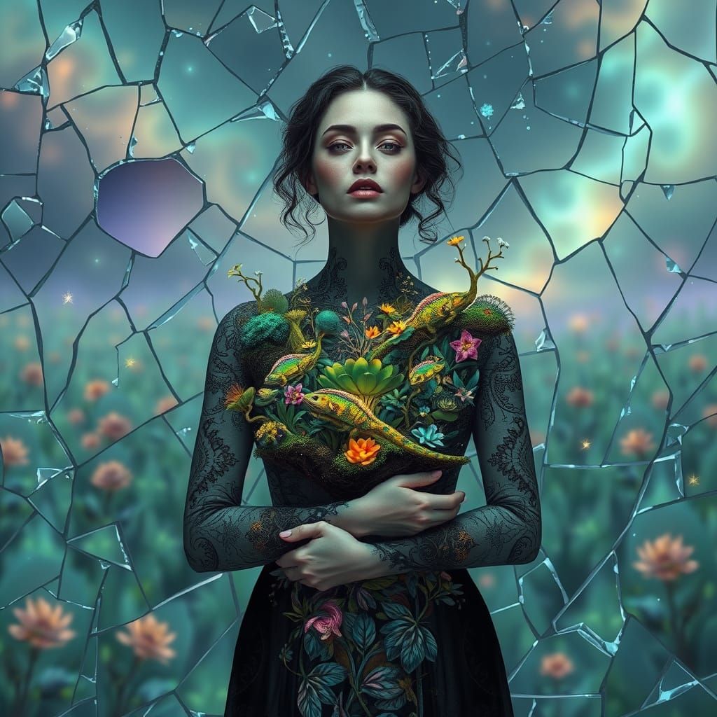 Woman Surrounded by Shattered Glass and Glowing Ecosystems i...