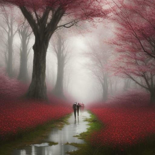 Gothic Dark Academia Meadow with Crimson Roses