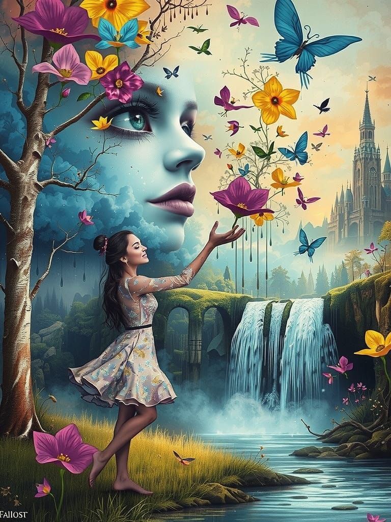 A woman in a flowing, ethereal gown stands serenely on a weathered, moss-covered bridge, suspended above a roaring water...