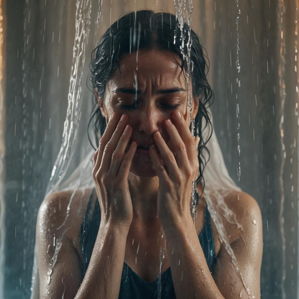Emotive Film Still: Woman Crying in Shower