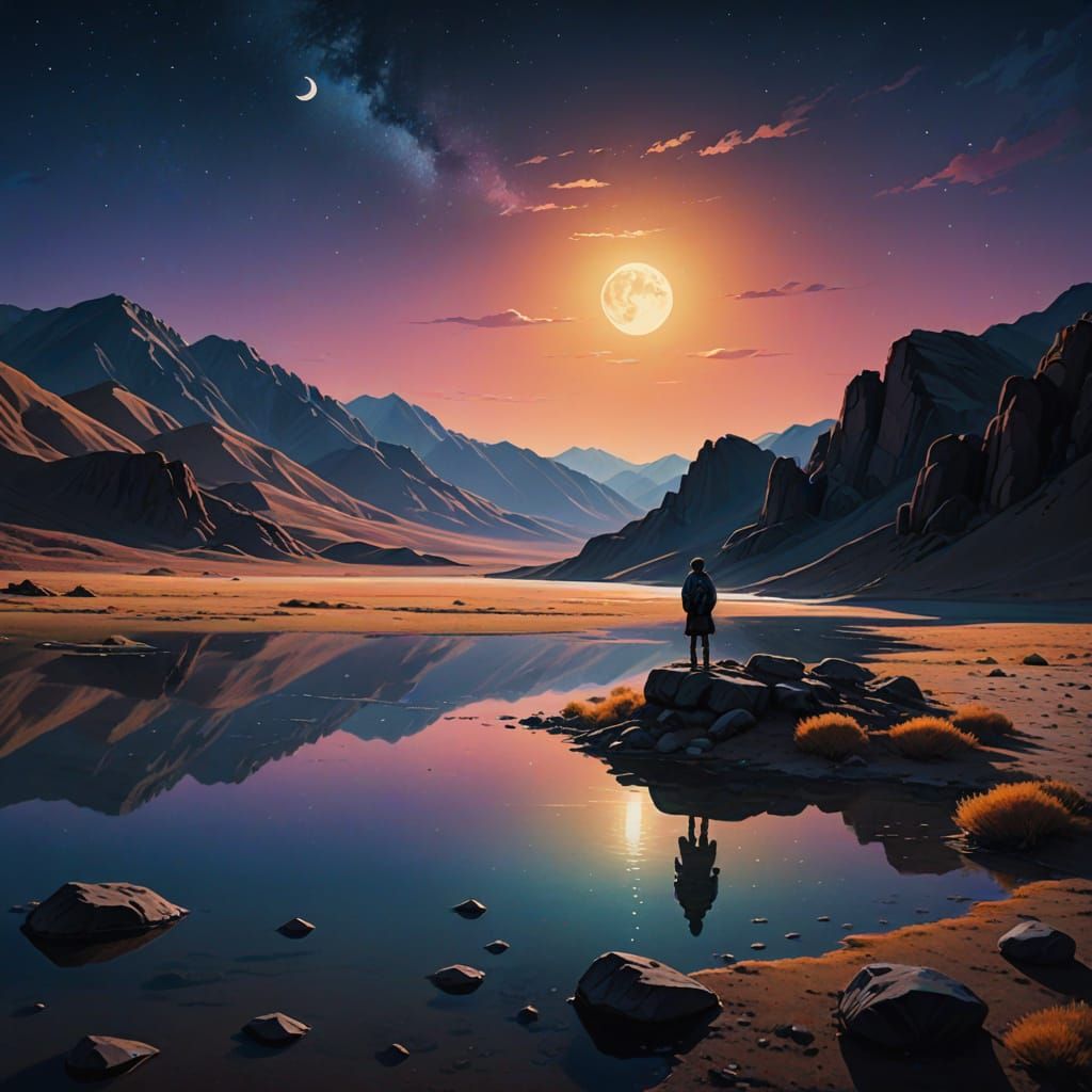 Mongolian Desert Lake Under Moonlight: Cinematic Oil Paintin...