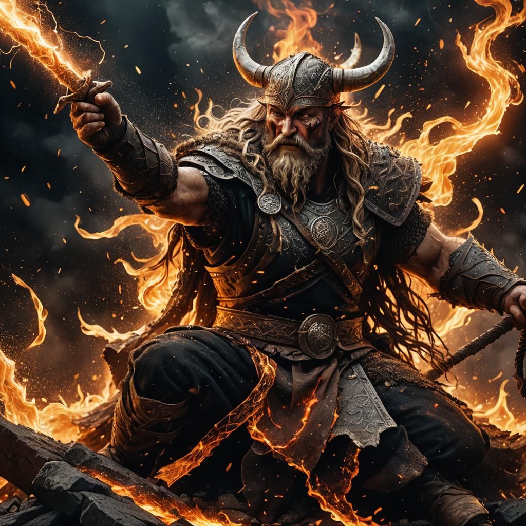 Viking Fire God Disintegrating in Embers: Digital Art