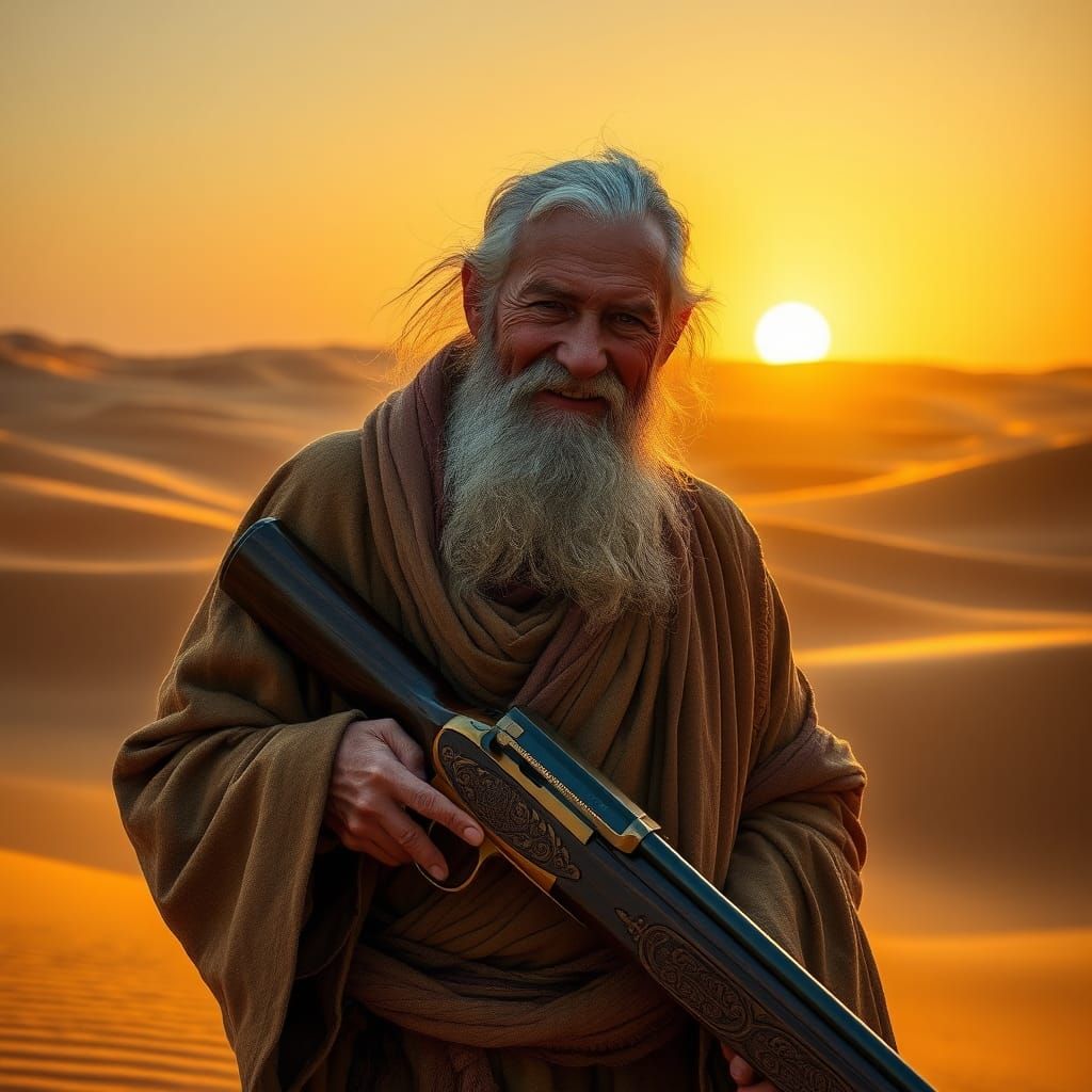 Elderly Man with Rifle in Sahara Desert: Fantasy Concept Art