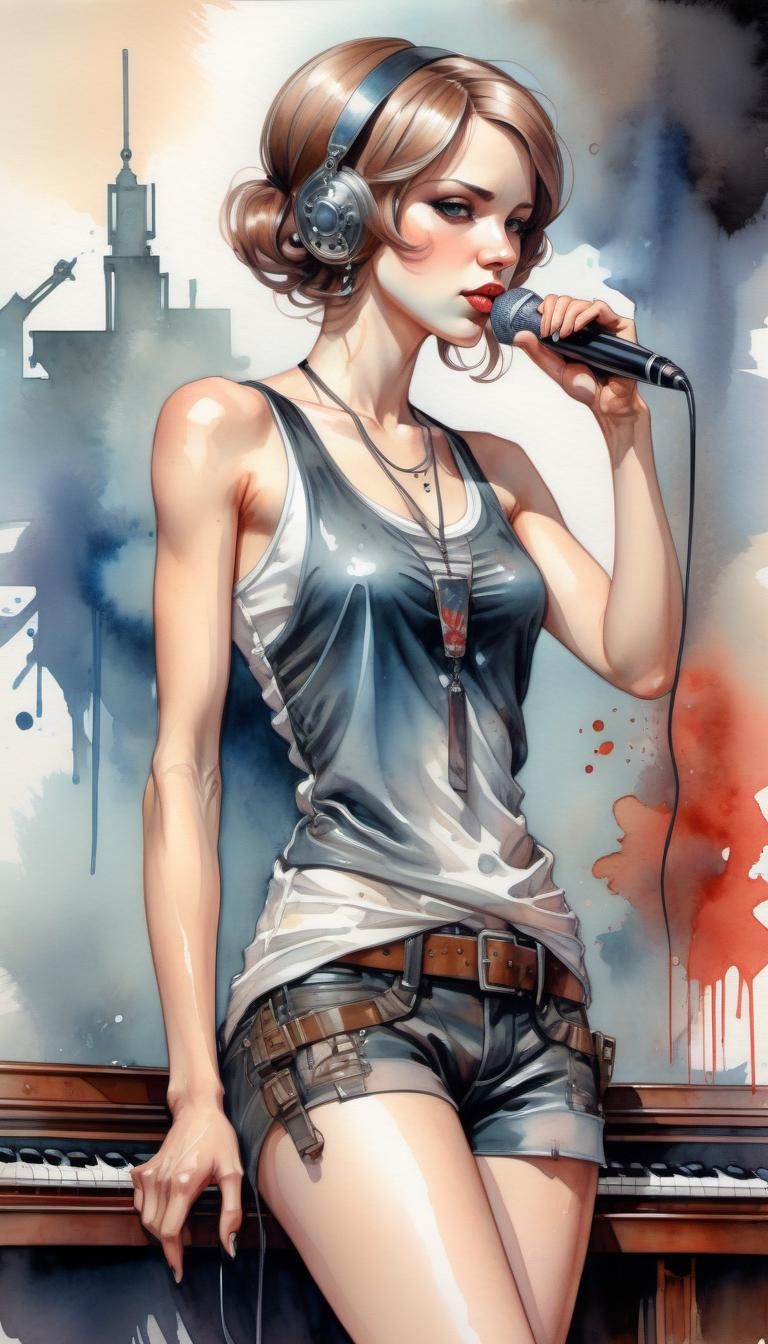 Dieselpunk Singer Princess in Watercolor Manga Style