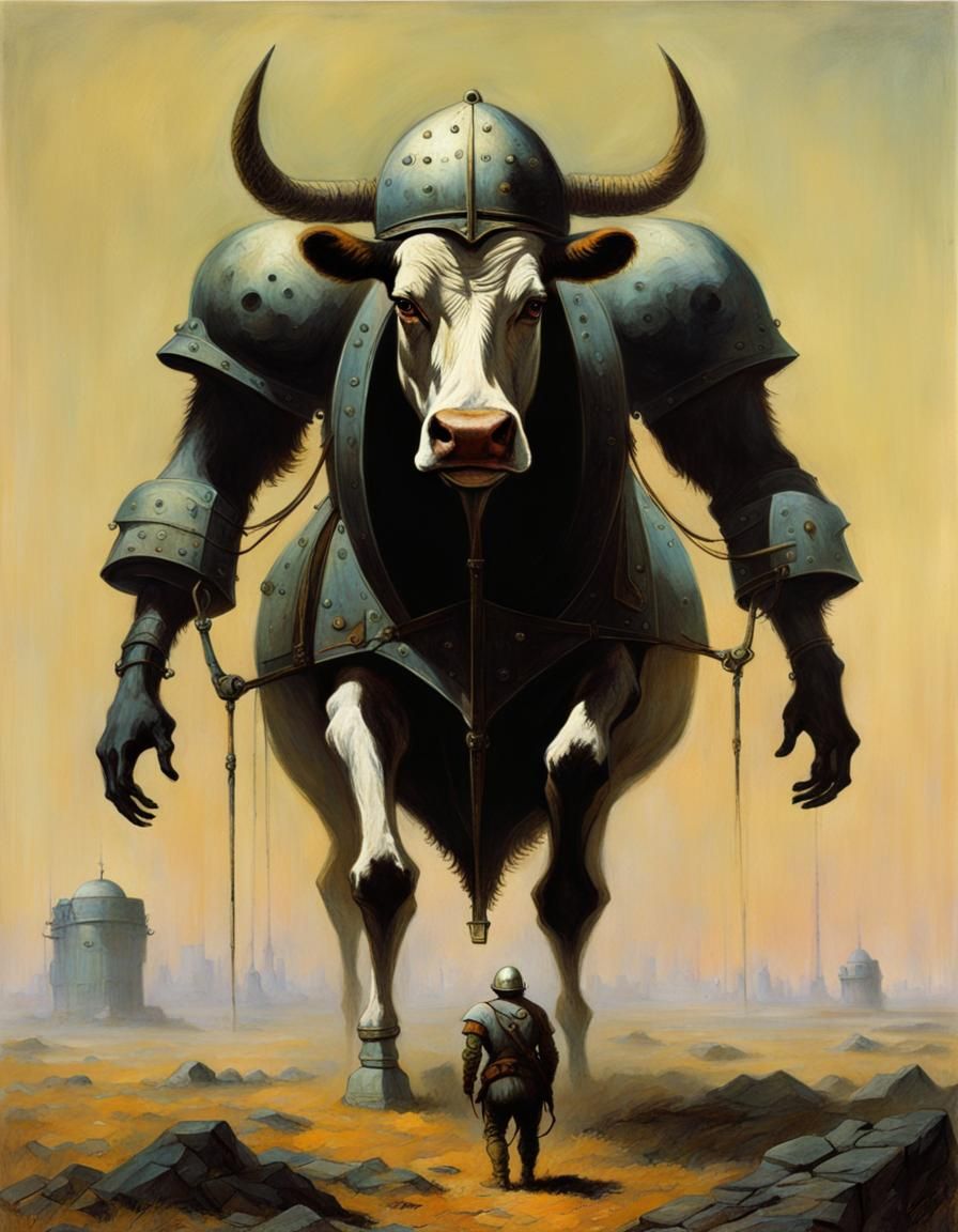 Heroic Armored Cow in Surreal Liminal Space