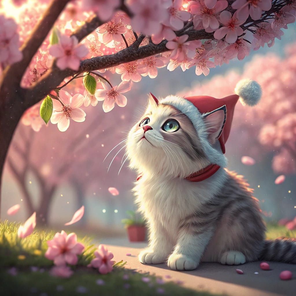 Magical Fluffy Cat Under Cherry Blossom Tree