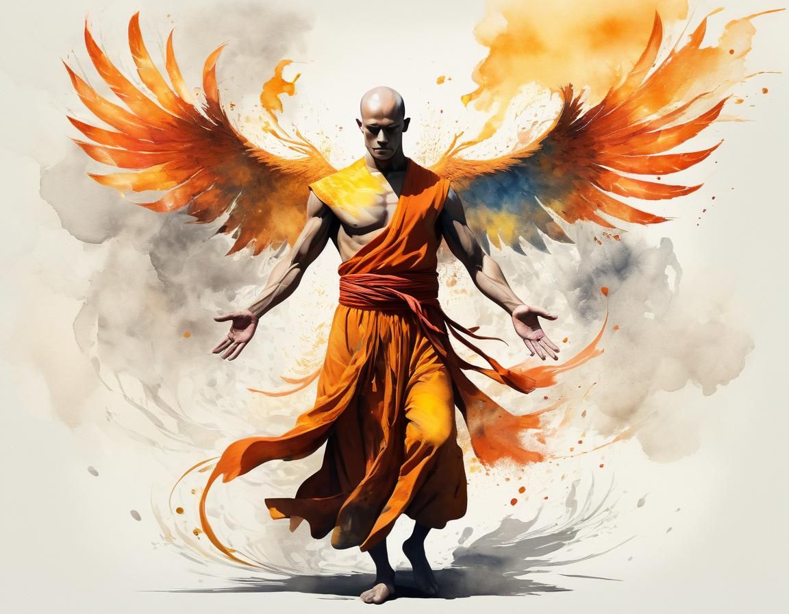 Monk in Phoenix Stance: Surreal Watercolor Illustration
