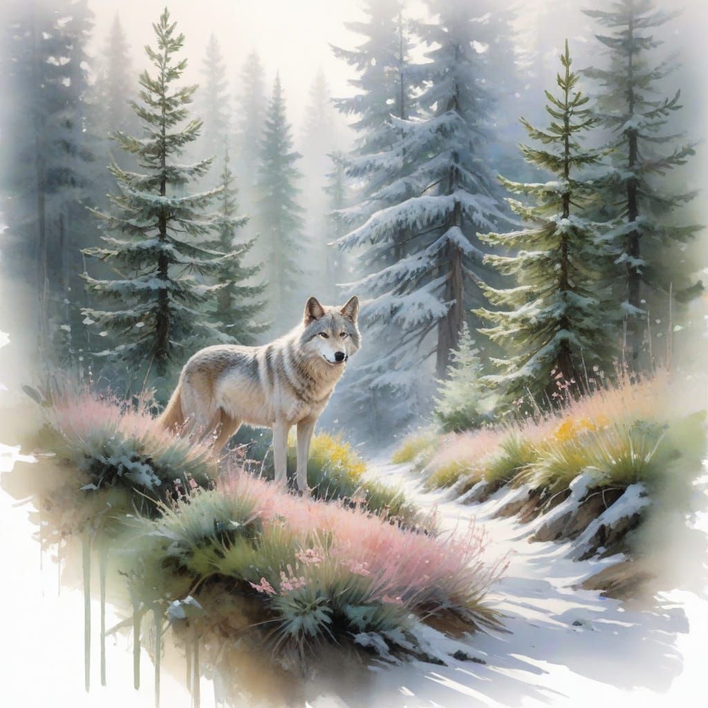 Wolf in Snowy Pine Forest, Pastel Watercolor Landscape