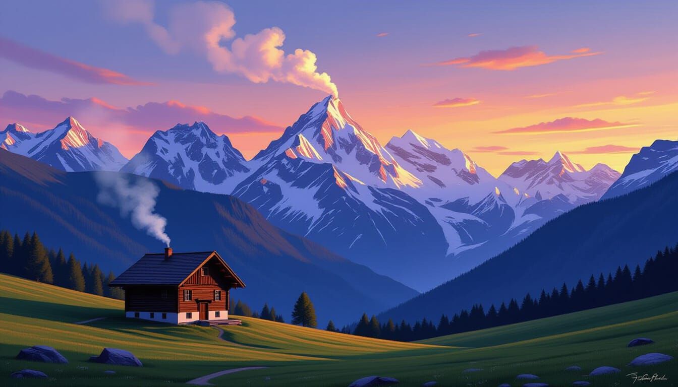 Serene Swiss Alps Chalet at Twilight