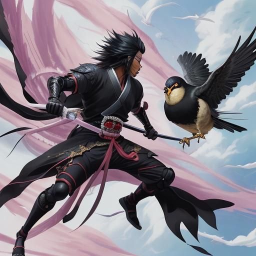 Samurai vs Bird Person in Anime Style