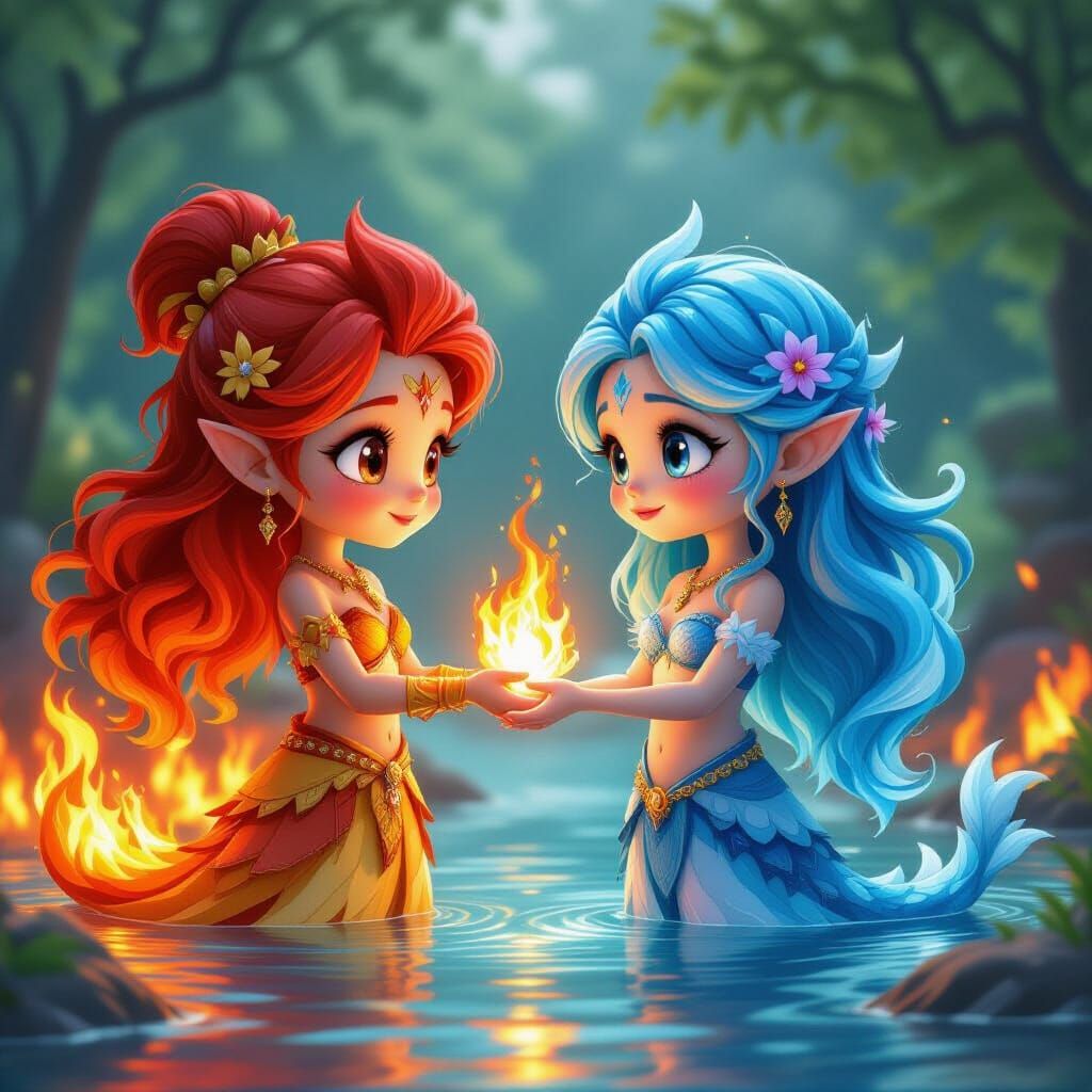 Fire and Water Spirits Meet in Fantastical Landscape