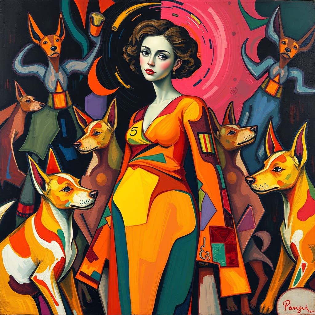 Abstract Mother with Cubist Dogs in Neon Lighting