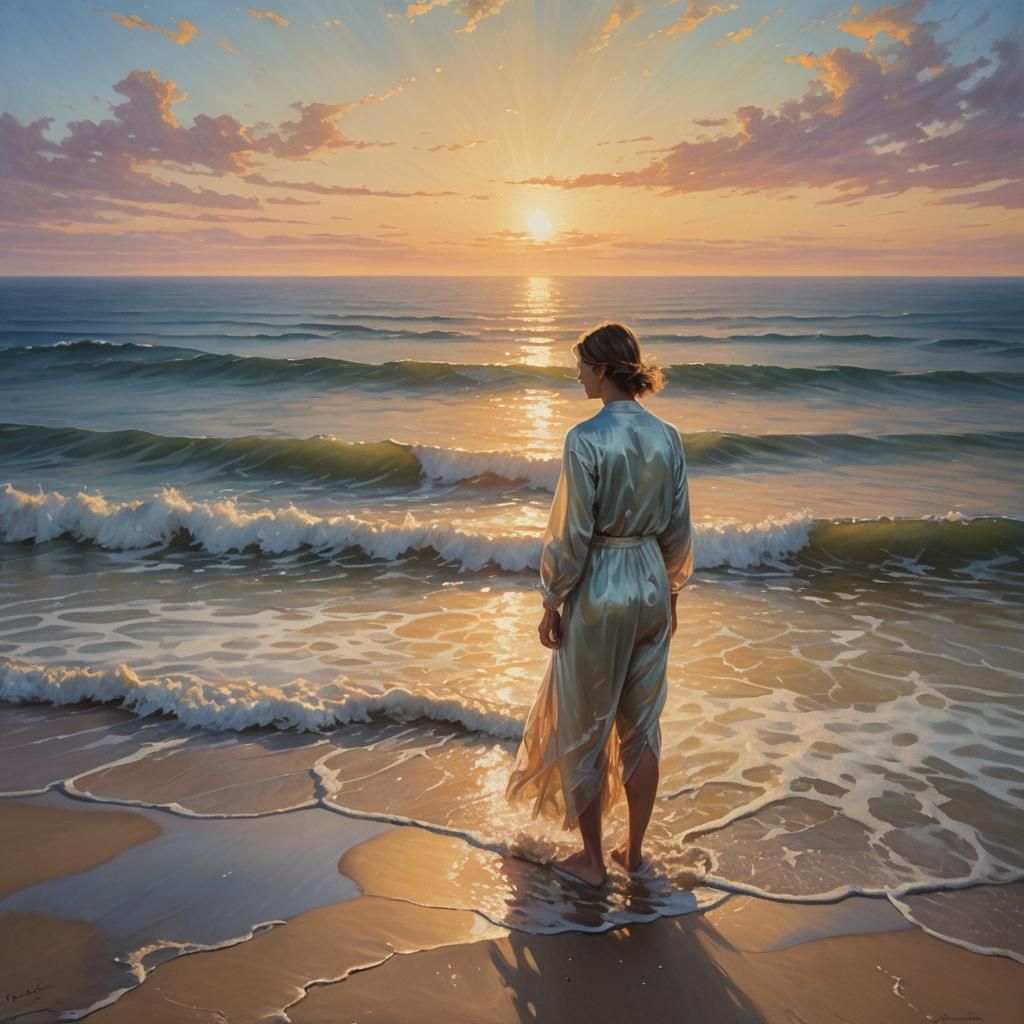 Ethereal Person Glowing by the Ocean: Luminous Oil Painting