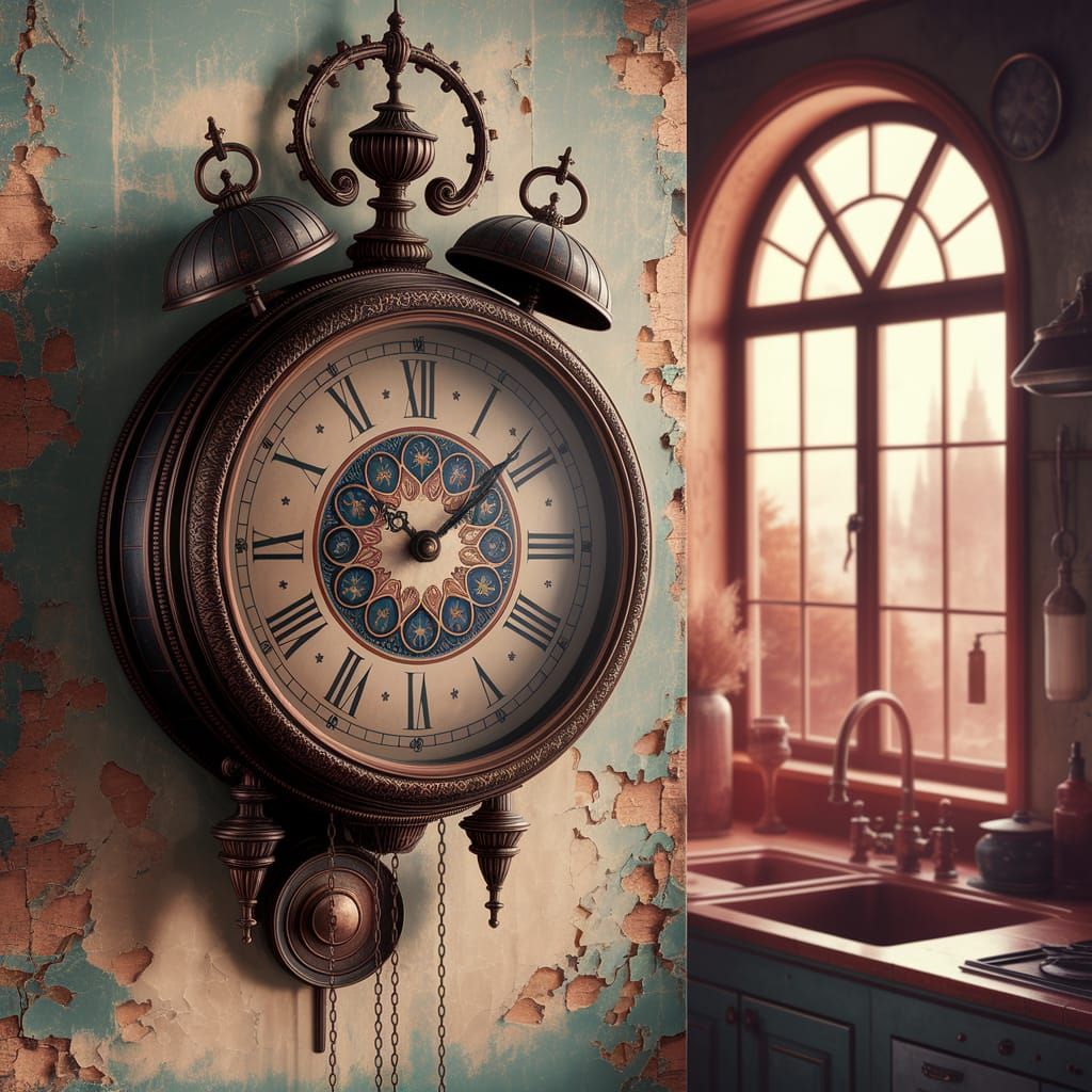 Mystical Timepiece on a Weathered Kitchen Wall in a Fantasti...