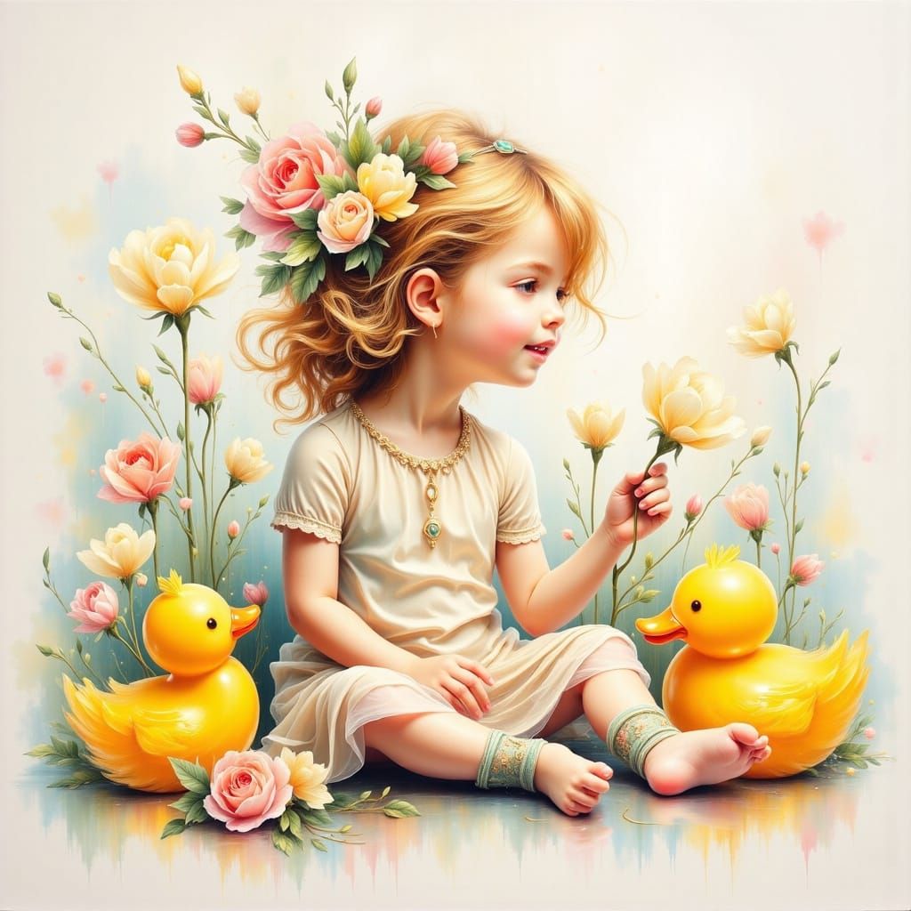 Watercolor Child's Play in Surreal Rose Garden