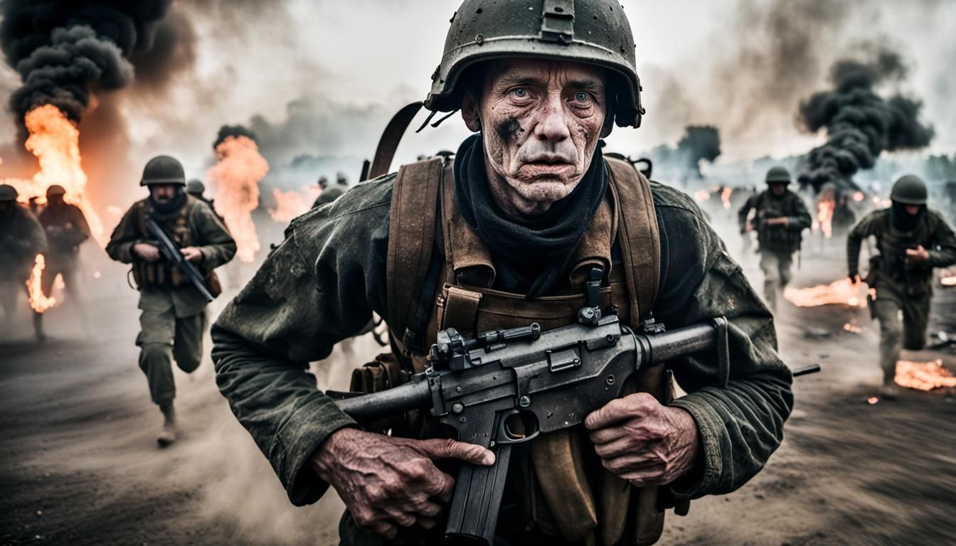 Soldier Runs Through Explosions: Close-Up Portrait