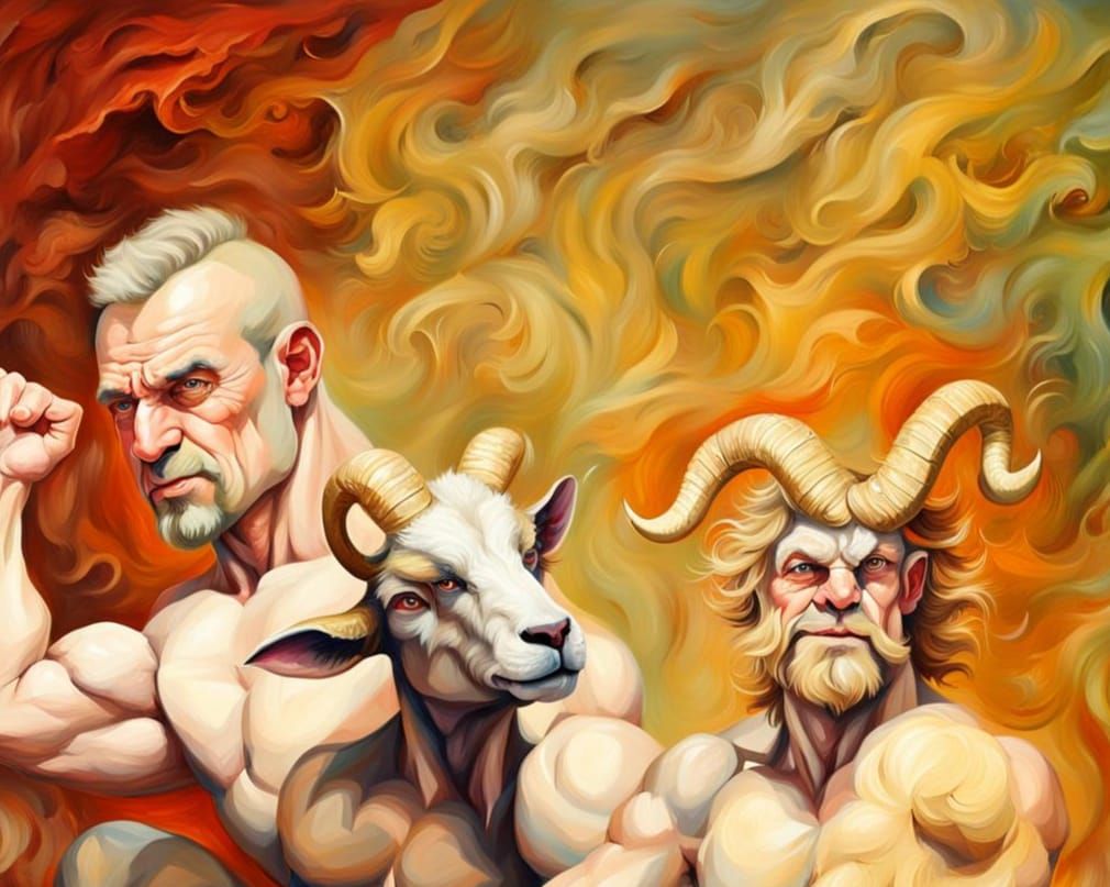 Muscular Man and Satyr Faun Portrait in Oil Painting