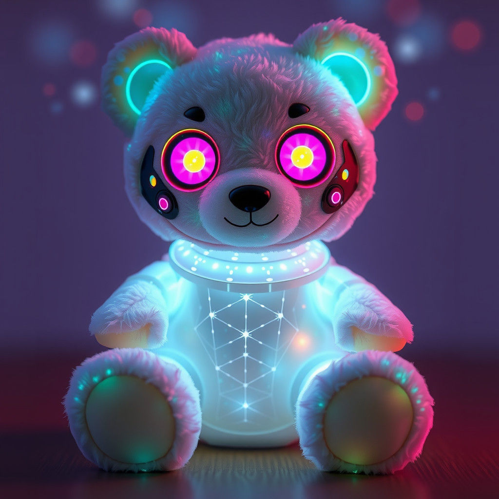 Futuristic Holographic Teddy Bear Toy Emitting Ethereal Glow