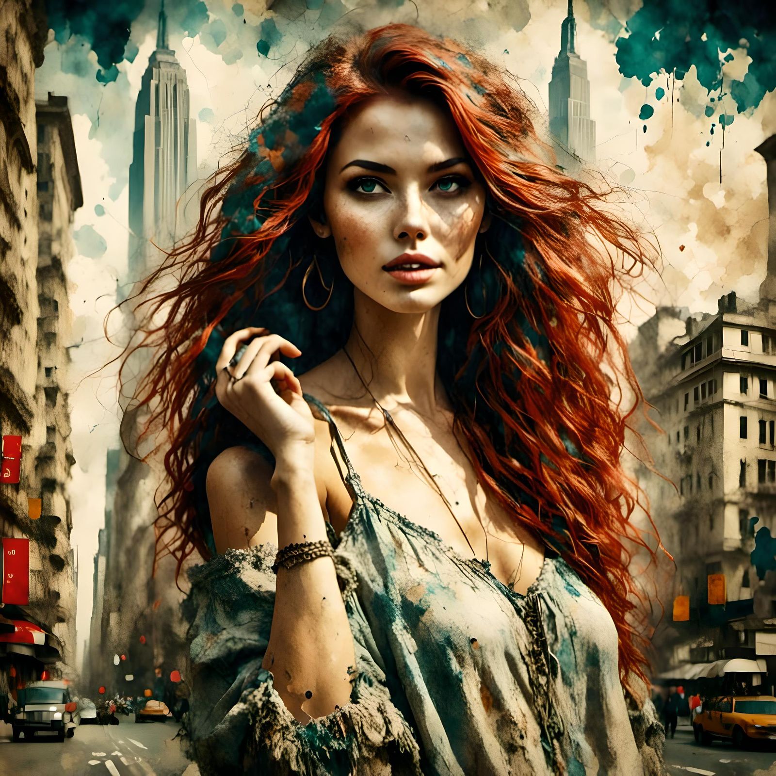 Redhead in New York City: Antique Watercolor Style